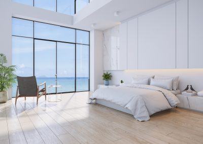 Bedroom and Modern style.with sea view ,bed with wood floor and white wall ,3d rendering